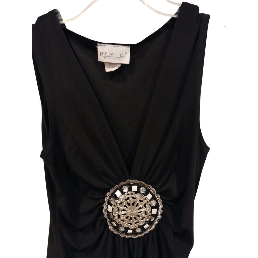 Y2k GERI C NEW YORK Black Embellished V Neck Sleeveless‎ Women's medallion M